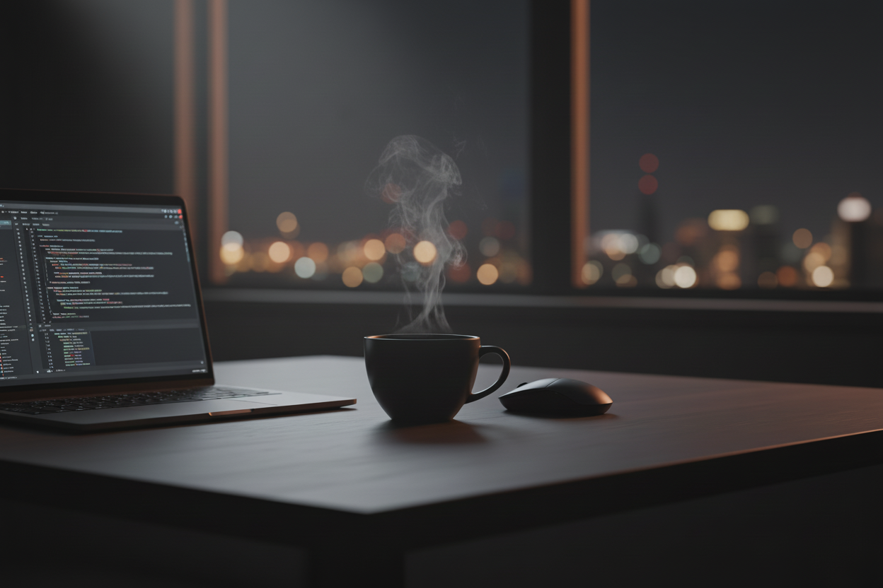 Office Background – Steaming Coffee Cup with Darker Lighting